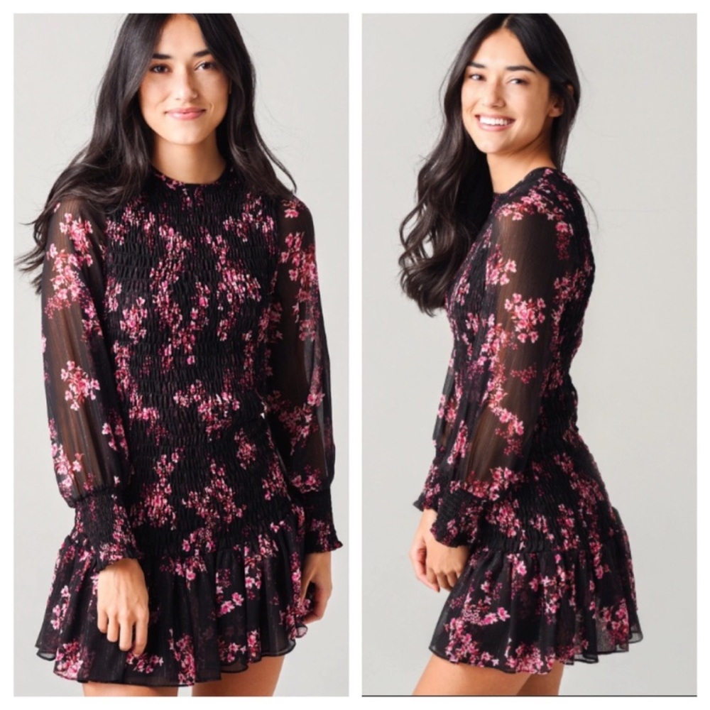 Misa Los Angeles Black Mini Dress with Pink Floral Print